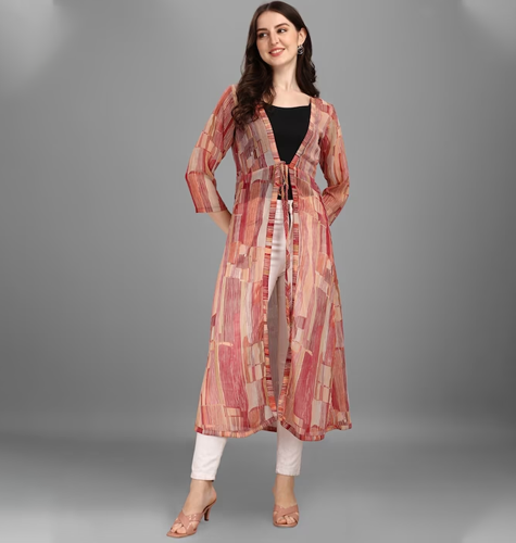 Women Light Brown & Beige Printed Longline Tie-Up Shrug